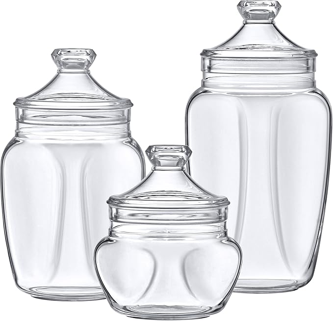 Amazing Abby - Embrace - Plastic Bathroom Canisters (3-Piece Set, 60/42/24 oz) (NOT Glass), Acrylic Apothecary Jars for Vanity, BPA-Free and Shatter-Proof, Great for Cotton Balls and Bath Sponges