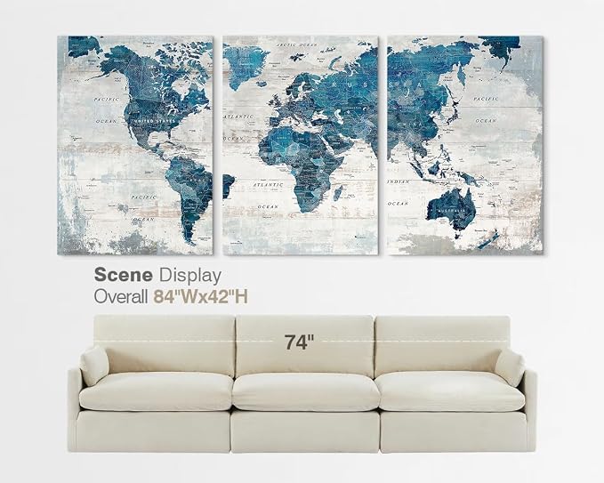 Office Wall Art Extra Large Framed World Maps Canvas Living Room Pictures | Oversized Wall Decor for Men Women Neutral Artwork Vintage Huge Giant Blue Map Travel Paintings