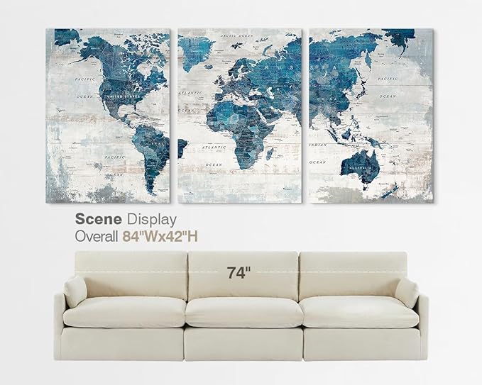 Large World Map Canvas Wall Art for Home Office Living Room Decor | Framed Artwork Oversized Blue Global Maps Pictures Inspirational Wall Decor for Apartment Masculine House