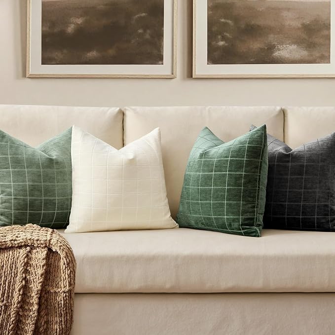 MIULEE Sage Plaid Decorative Throw Pillow Covers 18x18 Set of 2 | Vintage Check Chenille Couch Pillows Neutral Boho Farmhouse Cushion Covers Modern Home Decor for Sofa Bed Living Room
