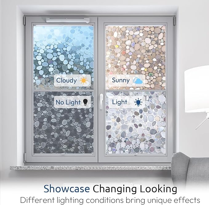 rabbitgoo Window Privacy Film, Decorative Rainbow Window Clings for Glass Covering, Static Cling Non Adhesive Door Stickers UV Blocking, Stained Glass Vinyl Decal, 3D Pebble, 17.5 x 118.1 inches