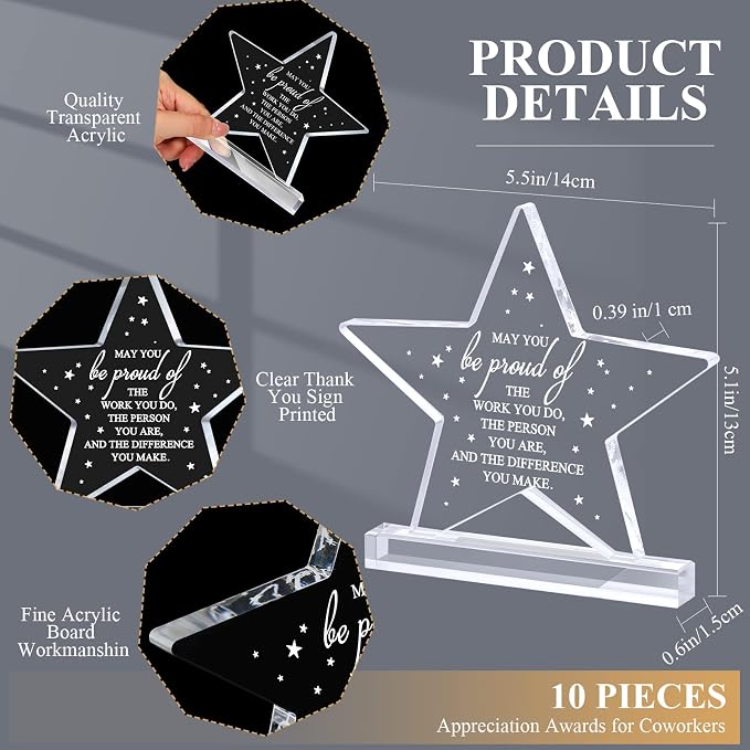 Bucherry 10 Pcs Employee Appreciation Awards for Coworker Acrylic Thank You Trophy May You Be Proud of The Work You Do Sign Prizes Retirement Goodbye Farewell Gift for Women Men(Star)