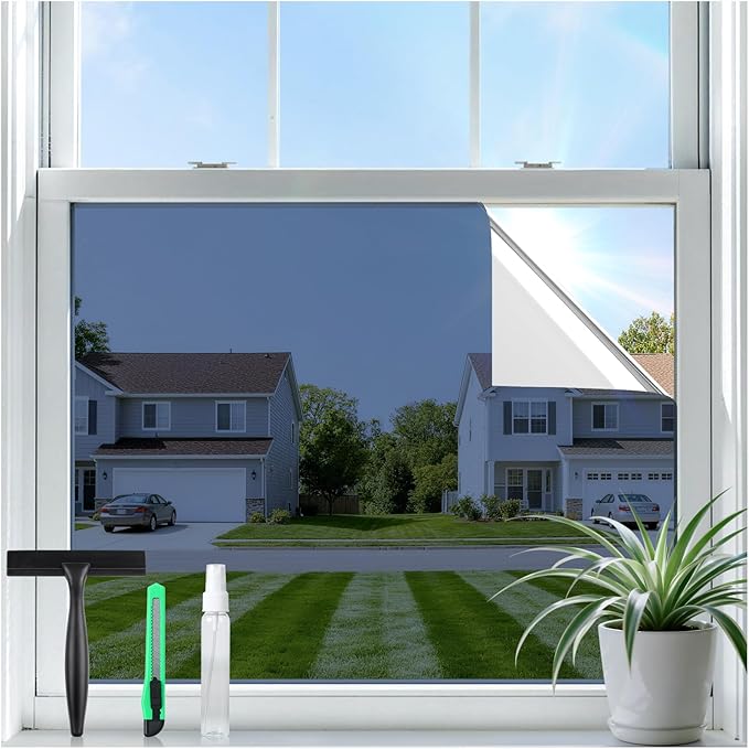 rabbitgoo One Way Privacy Window Film Window Tint for Home with Tools, UV Blocking Heat Control Static Cling No Glue, Daytime Privacy See Out Not in, 35.4 in X 13.1 Feet, Blue Silver
