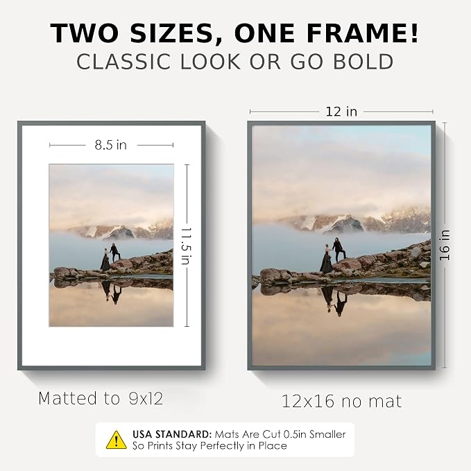 FLYJOE 12x16 Picture Frame for 9x12 Photo, Minimalist Aluminum Frame, Gray | Sleek Metal Frame for Wall, Desk & Gift | Shatterproof Glass & Hardware