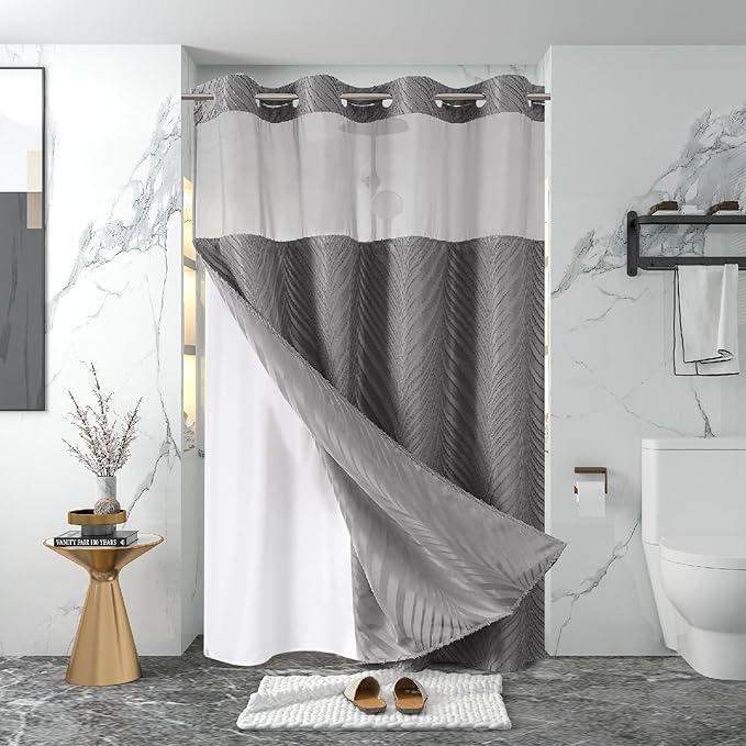 eachope stall no Hook Tufted Shower Curtain with snap in Liner Set, White Waterproof Fabric Inner Liner,Boho Style Shower Curtain with See Through top Window, WarmGrey, 54Wx80H