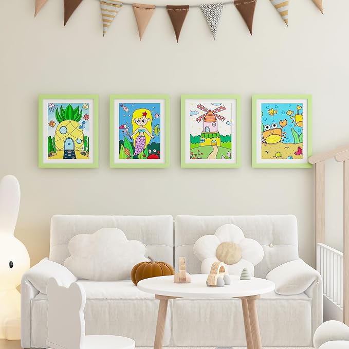 KINLINK 10x12.5 Kids Art Frame 2 Pack, Solid Wood Artwork Frames Changeable, Front Opening Hold 150 Pictures, Art Frames for Kids Artwork, 8.5x11 with Mat 10x12.5 without Mat, Picture Frames Light Green
