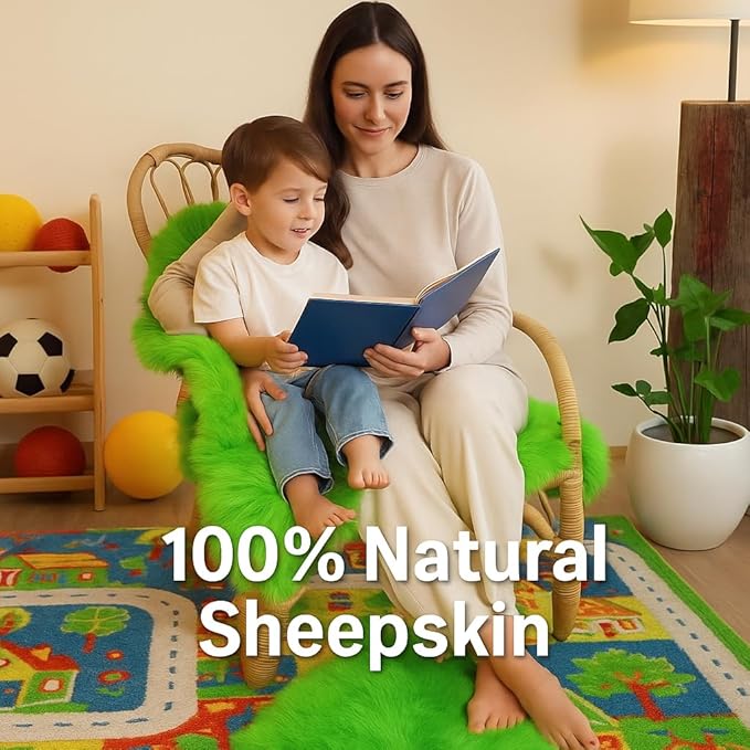 HUAHOO Premium Genuine Sheepskin Rug Real Australia Sheepskin Natural Lambskin Fur Area Rug Seat Covers for Kids Bedroom Sofa Chair Cover Pets Dogs Mat Double Pelt/2' x 3' Green