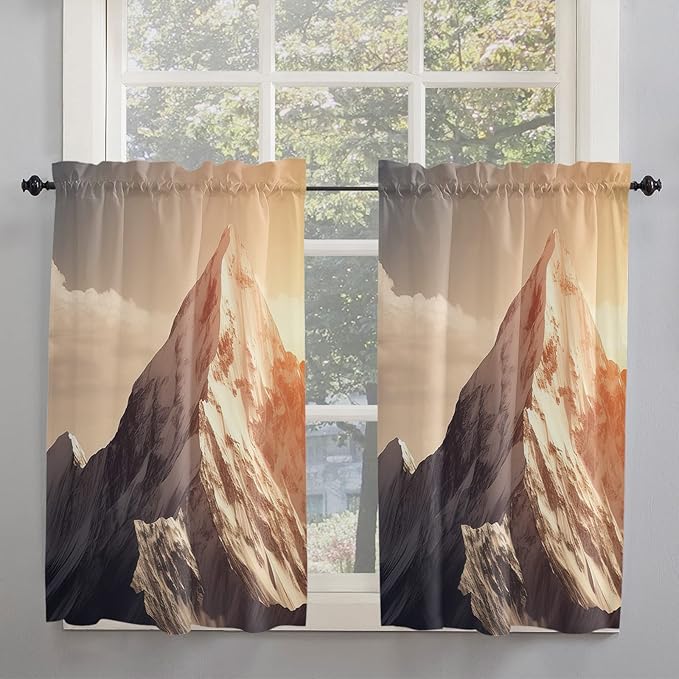 Kitchen Tier Curtains 45 inches Length, Mountains Natural Landscape Alps Window Curtains for Living Room Bath Cafe,Rod Pocket Light Filtering Drapes Short Half Window Treatment Tiers 2 Panels