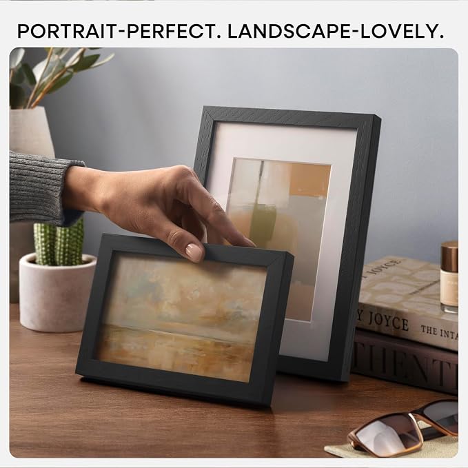 Homeforia 8x6 Black Wood Frame, High End Oak 6x8 Black Wooden Picture Frames with Mat 5x7 Art, 6 x 8 Frame Matted to 5 by 7 inch Photo, 6x8 Wall or Tabletop Frames, Tempered Glass, Wall Kit, Set of 3