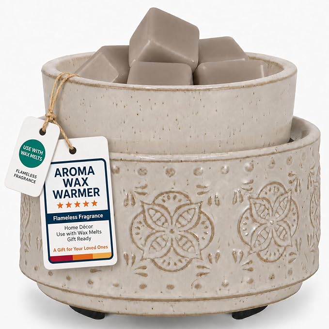mocosa Ceramic Wax Melt Warmer, 3-in-1 Electric Wax Warmer for Scented Wax Melts, Flameless Candle Wax Burner for Home Fragrance, Bedroom Bathroom Office Decor, Gifts for Women Mom(Beige-Granular)