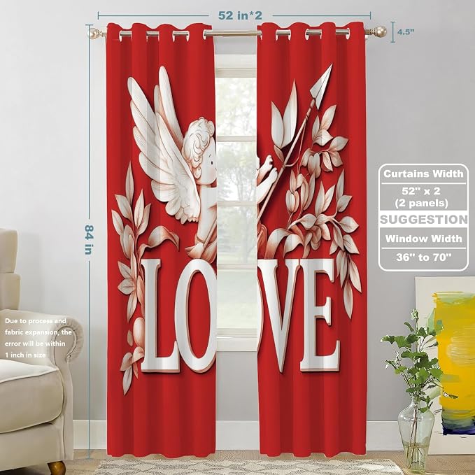 Shrahala Cupid Love Thermal Insulated Blackout Window Curtains, Romantic Love Long Drapes for Bedroom/Living Room with Plastic Grommet, 52X84 Set of 2