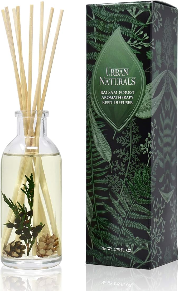 Urban Naturals Reed Diffuser Set, Balsam Forest - Bathroom Shelf Décor | REAL Juniper and Pine cones, Fragrance notes of Fraser Fir, Evergreen, Pine, Woodsy Cedar and Sandalwood, Vegan