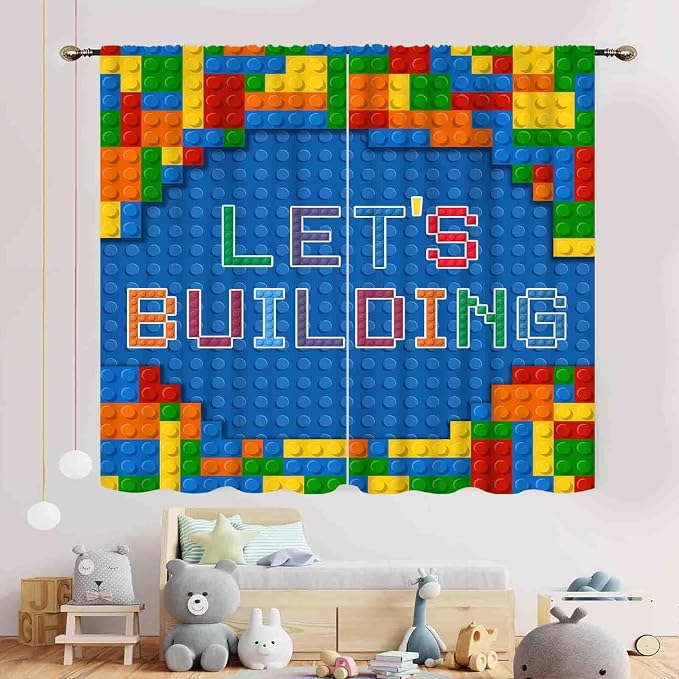 Kids Boys Curtains for Bedroom, Colorful Building Blocks Plastic Brick Pattern Abstract Contour Printed Blue Blackout Drapes for Boys Room Living Room Nursery Party Decor, 42"x63" Inch