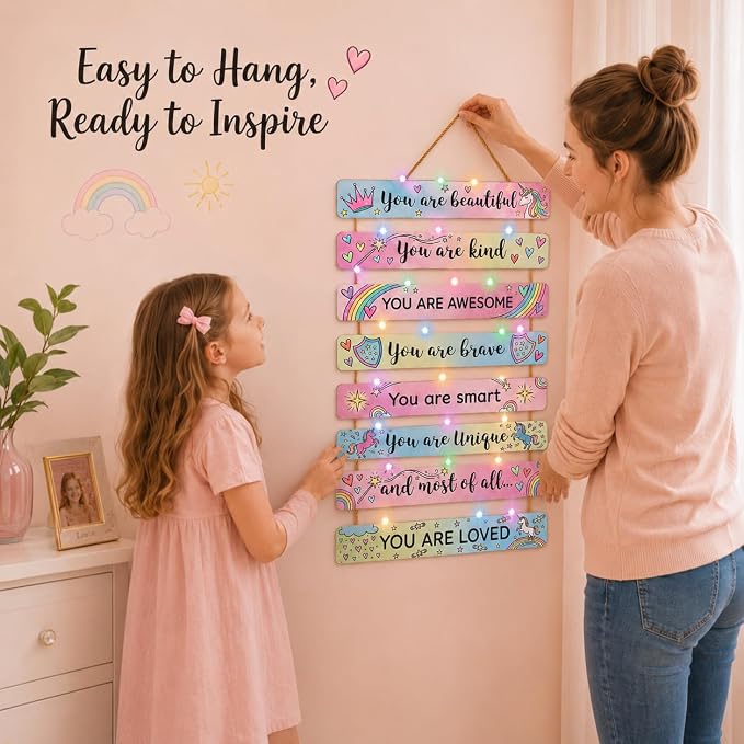 Cute Unicorn Room Decor Set of 8 with Led Light for Teen Girls Kids Toddler, Preppy Inspirational Rainbow Wood Nursery Wall Decor for Dorm Bedroom, Dreamy Cozy Chic Motivational Princess Room Decor