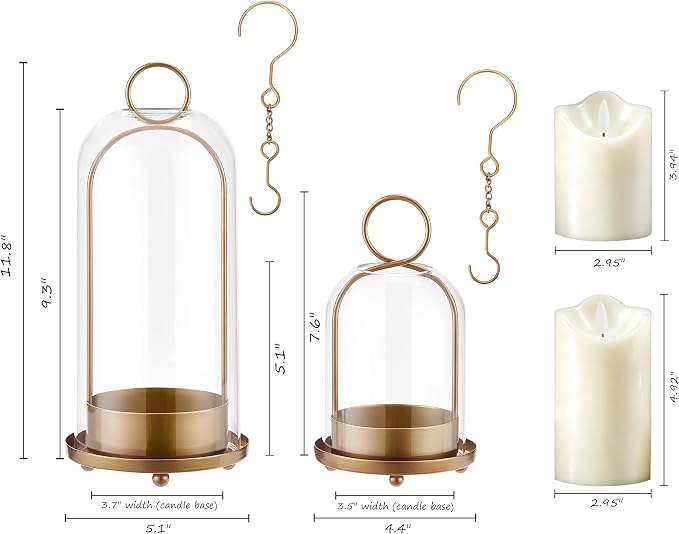 Hurricane Metal & Glass Candle Holder Set of 2 with Timer Candles, Decorative Candlestick Pillar Holder with Clear Glass for Wedding Party Holiday Dining Table Centerpiece Lanter, Gold