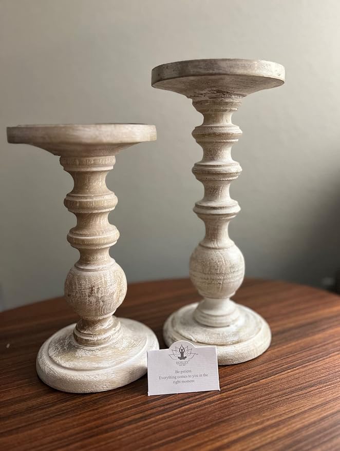 Hosley Set of 2 Antique White Wood Pillar Candle Holders 9 Inch - Wedding Centerpiece Home Decor, Spa Aromatherapy, Events, Gifts