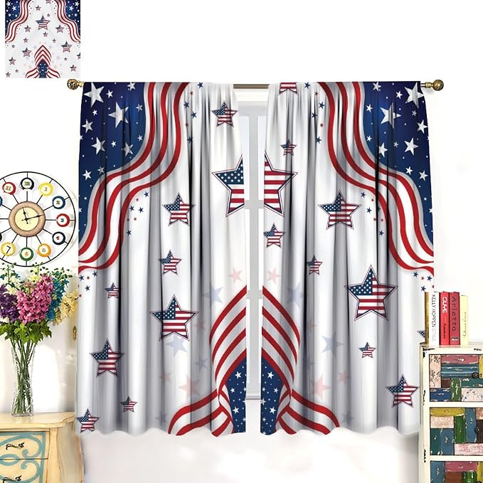 American Flag Curtains,4th of July Independence Day Stars Stripes Decor Drape for Bedroom Living Room Window Treatment 2 Panels Set Total Size 42" W X 54" L Inch