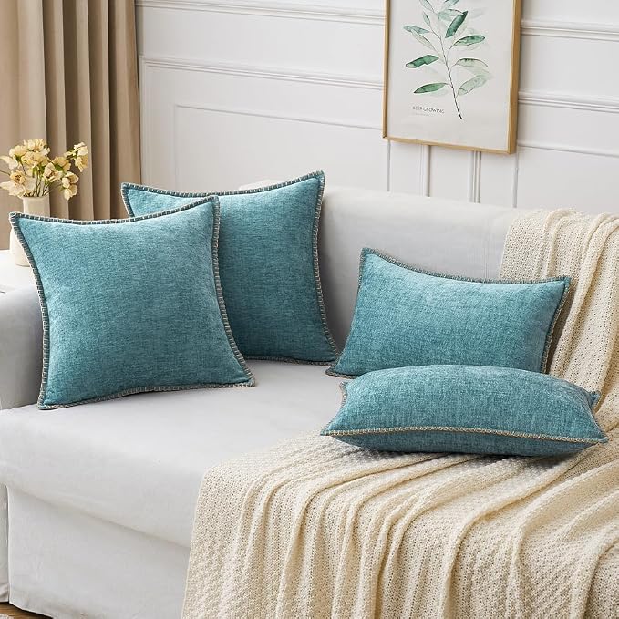 MIULEE Pack of 2 Summer Throw Pillow Covers 20x20 Inch Coastal Aqua Blue Farmhouse Decorative Pillow Covers with Stitched Edge Soft Chenille Solid Dyed Pillow Covers for Couch Sofa Bed Living Room