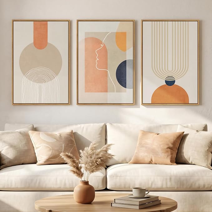 3 Piece Framed Abstract Boho Canvas Wall Art for Living Room, Large Mid Century Modern Geometric Line Prints Paintings, Neutral Minimalist Beige Orange Artwork Decor for Bedroom Entryway, 16x24 Inch