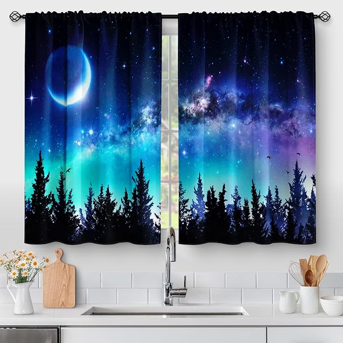 Aimego Forest Country Kitchen Curtains - Moon Rustic Modern Aesthetic Art Short Cafe Tier Curtains Decor for Living Room Starry Galaxy Rod Pocket Window Drapes 24 Inch Length 2 Panels Set 28"x24"