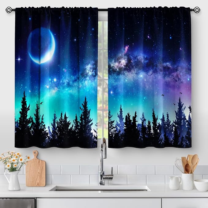 Aimego Forest Country Kitchen Curtains - Moon Rustic Modern Aesthetic Art Short Cafe Tier Curtains Decor for Living Room Starry Galaxy Rod Pocket Window Drapes RV Curtains 2 Panels Set 28"x30"