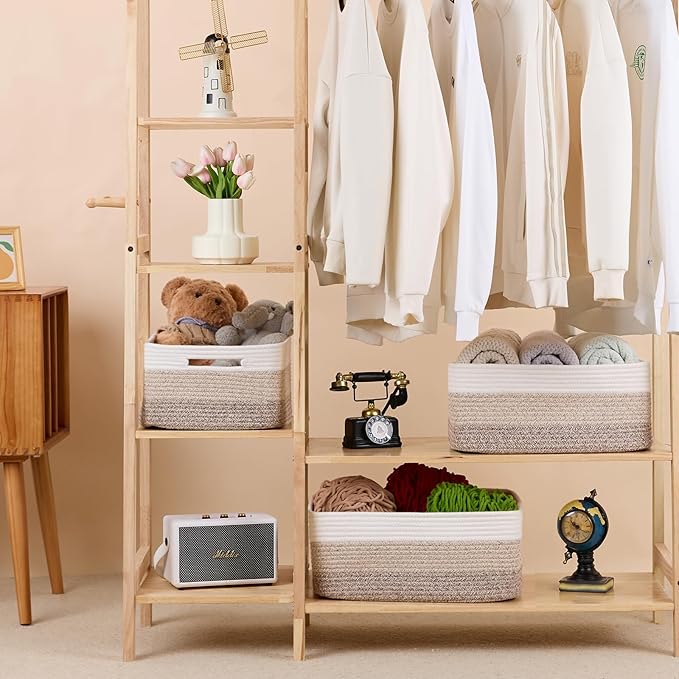 MiniArk Large Storage Baskets for Shelves, Closet Organizers Bins for Clothes Blanket Towels, Baby Nursery, Toy Baskets Box, Woven Rope Baskets, 17 x 13 x 7.5”, 2 Packs Gradient Brown