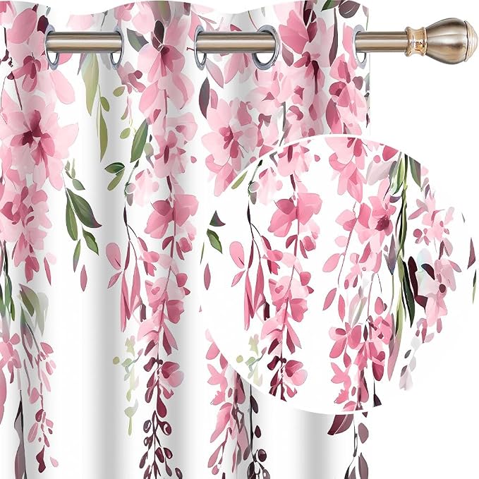 Pink Watercolor Floral Curtains, 42x84 inch, 2 Panels | Botanical Leaves Vine Flowers, Rustic Farmhouse, Blackout Window Treatment, For Bedroom Living Room