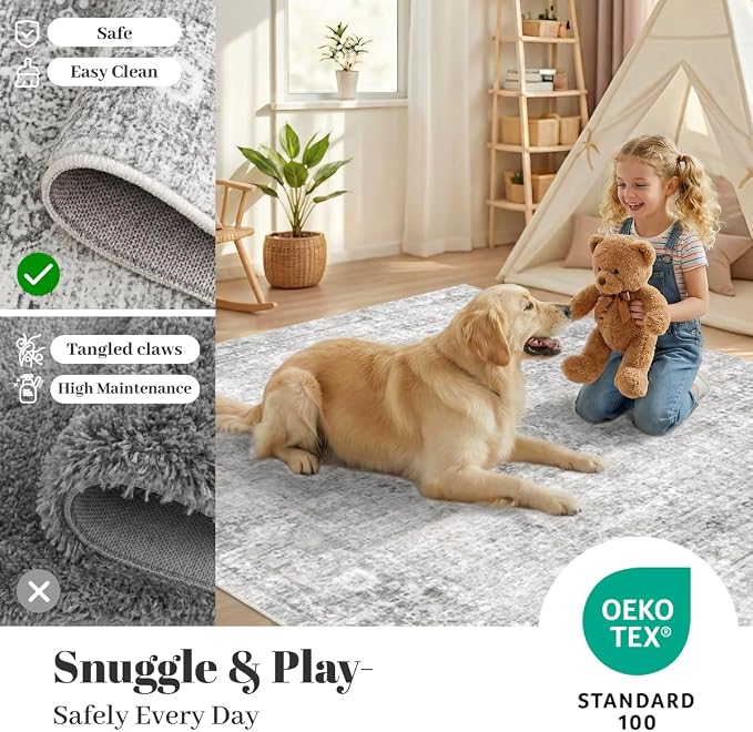 Homemate Washable Rug 5x7 Area Rugs - Vintage Faux Wool Rugs for Living Room Bedroom Dining Room - Non Slip Foldable Carpet Indoor Area Rug for Home Decor（5'x7', Grey
