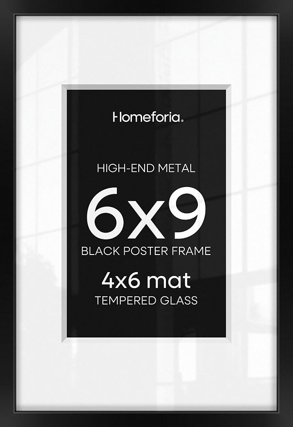 Homeforia 6x9 Picture Frame Black, High End Metal 6 x 9 Black Frames with Mat 4 x 6 for Art, 9x6 Desk Frame Matted to 4x6 inch Photo, 6 by 9 Wall or Tabletop Frames, Tempered Glass, Wall Kit, Set of 2
