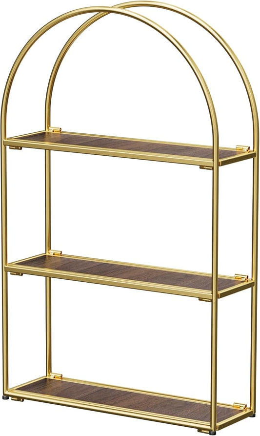 Crofy Gold Arched Frame Wall Shelf, Decorative 3 Tier Bathroom Wall Shelf with Walnut Finish Shelves and Robust Storage Capacity, 6" D x 17.9" W x 28.57" H