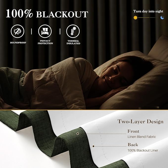 IVAPUPU Linen Pinch Pleated Blackout Curtains for Bedroom - Full Black Out Green Curtains 90 Inch 2 Panels Set for Living Room Darkening Thermal Window Curtain Drapes for Christmas Decor
