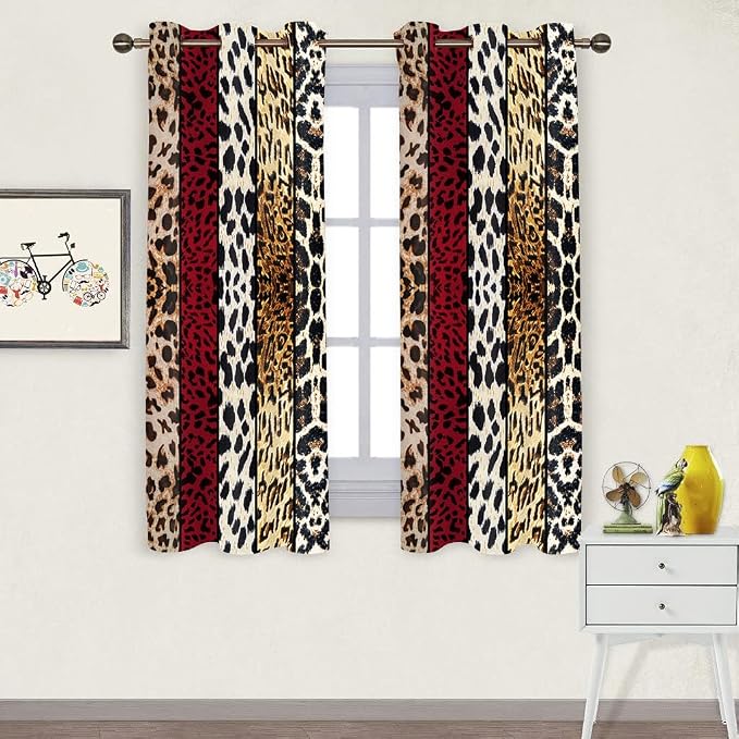 Wild Animal Print Curtain, Room Darkening Thermal Insulated Blackout Leopard Boa Window Drapes with Grommets for Living, Dining, Bedroom, Red Leopard Print, 42"x 63", 2 Panels