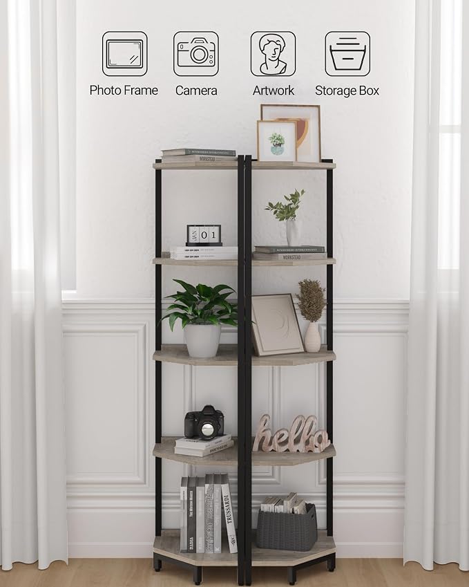 Hzuaneri Corner Shelf Stand, Corner Bookshelf, Storage Standing Shelf Unit with Metal Frame, Plant Stand, Bookcase for Living Room, Home Office, Bedroom, 5-Tier Greige CS05905B