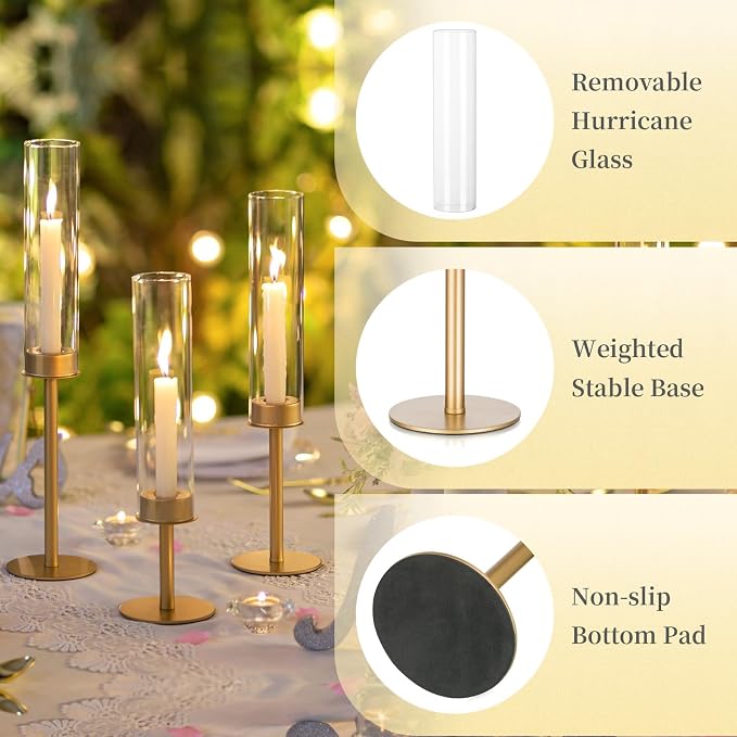 Hewory Gold Candle Holders, 12Pcs Brass Hurricane Candlestick Holders with Glass Candle Cover for Wedding Table Centerpiece Christmas Decor