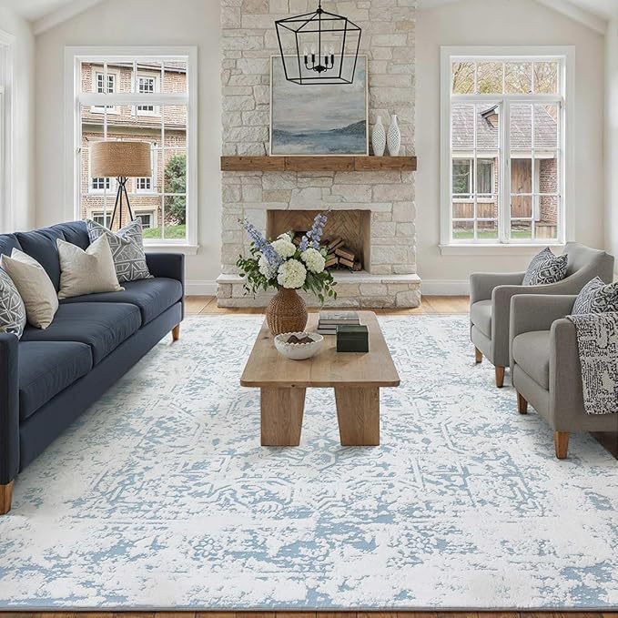 5x7 Fluffy Area Rug Blue Shag Neutral Throw Carpet for Living Room Soft Medium Pile Floral Throw Rug for Bedroom Dorm Office Dining Room Kitchen Modern Decor
