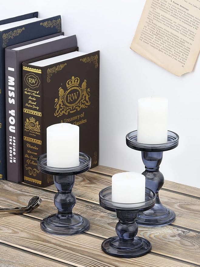 Lewondr Glass Candle Holders, 3 Pieces Crystal Clear Candlesticks with Elegant Design for Pillar Taper Candle and Tea Light, Home Table Living Room Wedding Party Decorations Home Décor - Smoky Blue