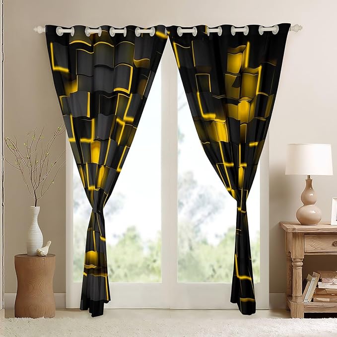 Feelyou Yellow and Black Darkening Drapes (2 Panels, 52 x 90 Inch) Light Geometric Curtains for Bedroom Living Room Girls Decor Blackout Curtains Modern Style Window Treatments
