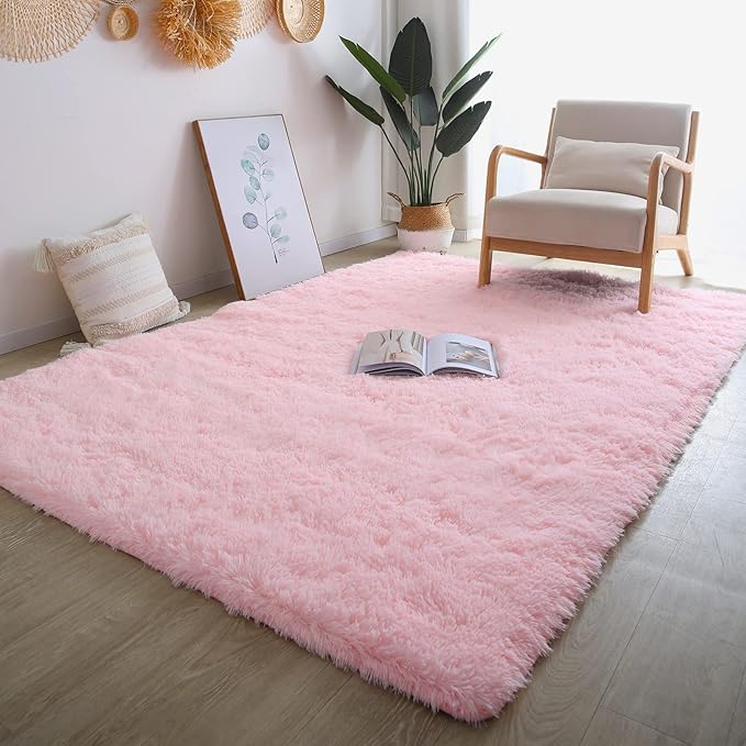 CAIYUECS Pink Area Rug for Girls Bedroom: Shag Rugs for Living Room - 4x6 Feet Non-Slip Modern Furry Faux Fur Rugs for Nursery Kids Room,Fuzzy Plush Rug for Dorm Home Decor