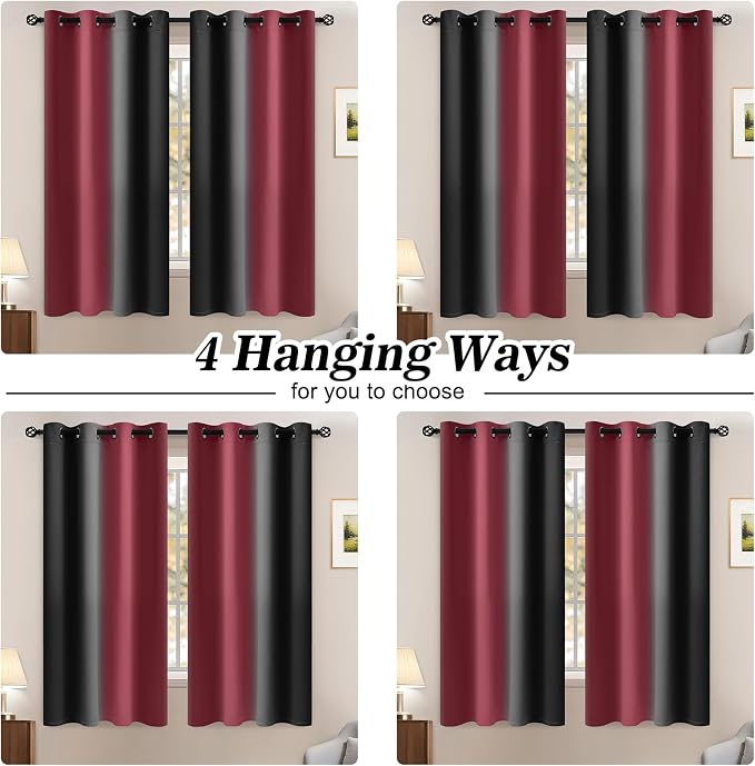 Yakamok Blackout Ombre Burgundy and Black Curtains for Bedroom, Gradient Room Darkening Curtains, Grommet Thermal Insulated Light Blocking Window Drapes/Curtain for Living Room,52 x 63 Inch,2 Panels