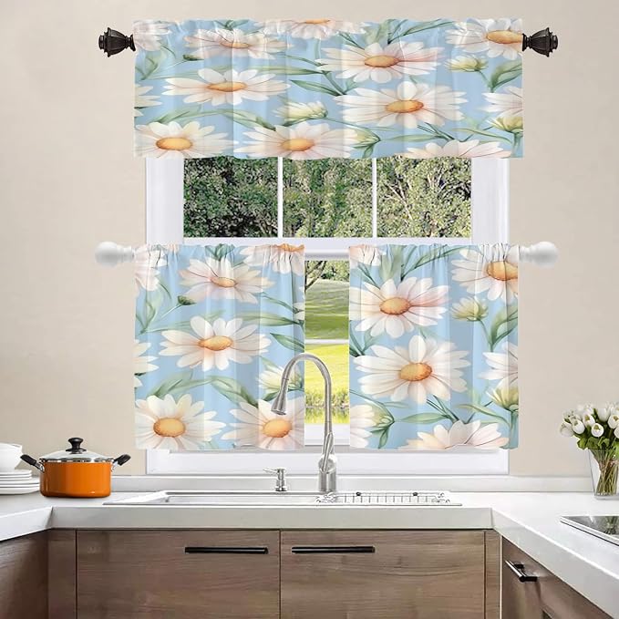 Shrahala Daisies Leaves Blackout Short Curtains for Windows, White Daisies On Blue Kitchen Valance Thermal Insulated Rod Pocket Window Treatment for Bathroom 52 X 18 in