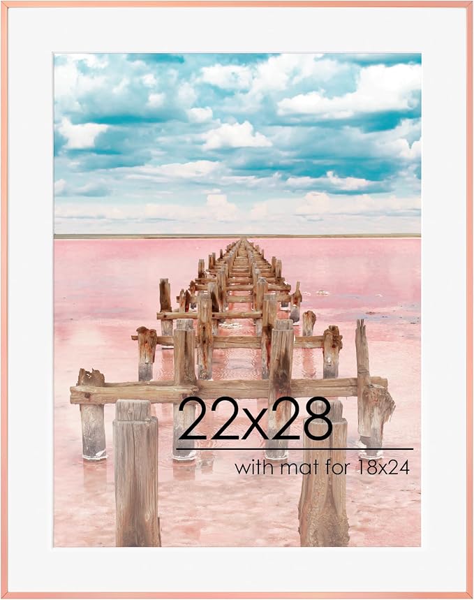 FLYJOE 22x28 Metal Picture Frame For Wall With Mat For 18x24, 22''x28'' Aluminum Photo Frames With Tempered Glass, Minimalist Modern Poster Frame Horizontal And Vertical Formats, Rose Gold