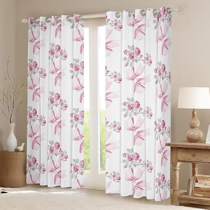Erosebridal Girly Bowknot Curtain 42" Wx63 L,Watercolor Pink Rose Bow Window Treatments,Cute Bowknot Girls Women Window Curtain Princess Style Bow 30%-50% Blackout Curtains for Bedroom
