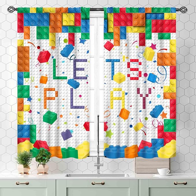 Building Blocks Curtains for Boys Room, Abstract Colorful Plastic Building Brick Blocks Geometric Printed Pattern Window Treatment Drapes for Kids Baby Bedroom Living Room, 55x39 Inch