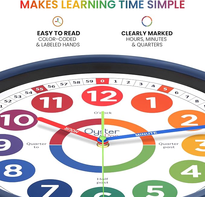 Oyster&Pop Extra Large 16" Kids Clock - Silent Indoor Outdoor Weatherproof Analog Wall Clock - Learning Clock for Kids - Classrooms Homeschool & Patio - Includes How to Tell Time eBook