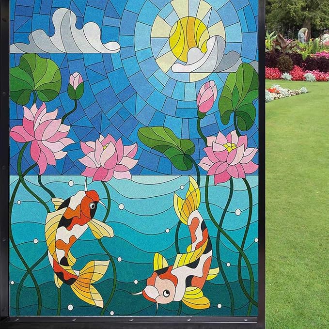 Koi Fish Privacy Window Film, Stained Glass with Lotus Flowers Oriental Design, Decorative Window Film for Bathroom Kids Room Sliding Door, Blue 60x60cm/23.6x23.6in