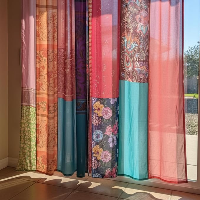 Oudain 2 Pairs Indian Old Silk Blend Sari Curtains 82 x 82 Inches Indian Imitation Patchwork Curtains Vintage Silk Blend Sari Multi Color Handmade Drapes Home Livingroom Bedroom Decor Curtain Panels