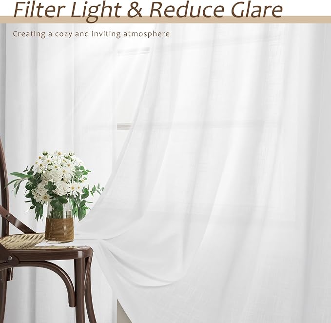 White Linen Textured Long Curtains for Living Room 144 Inch Length 2 Panel Set Back Tab Rod Pocket French Country Semi Sheer Curtains Sliding Door Ceiling Window Decor Light Filtering Drapes 52x144