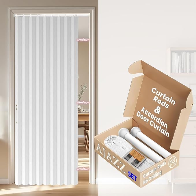 AJAZZ Sets: Curtain Rods & Blackout Accordion Door Accordion Doors Interior Invisible Magnetic Door Curtain for Bedroom Living Room Doorway (1 Pack, 43W x 78 L, White)
