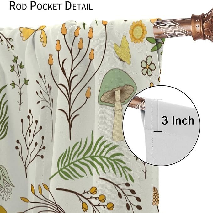Wild Mushroom Curtains, Vintage Botanical Rustic Retro Wildflower Herbs Plants Green Mushroom Blackout Window Treatments for Living Room Kitchen Bedroom 42x45 Inch