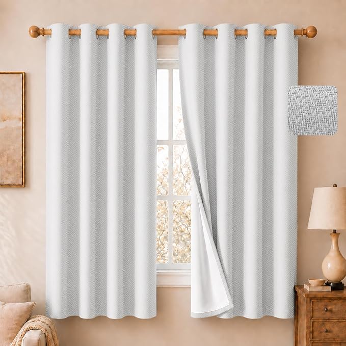 2 Panels 100% Blackout Linen-Textured Curtains, Thick Thermal Insulated Grommet Drapes with Subtle Herringbone Weave, Luxury Decor for Bedroom/Living Room, 54 x 63 Inches, Off-White